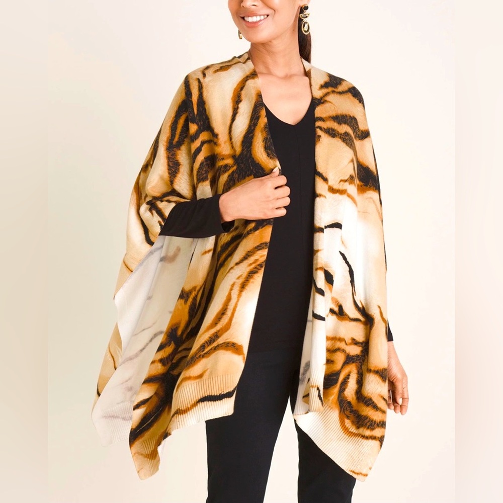 CHICO'S Ruana Wrap Shawl SIZE SMALL MEDIUM Tiger Animal Print Beige Coco NWT NEW